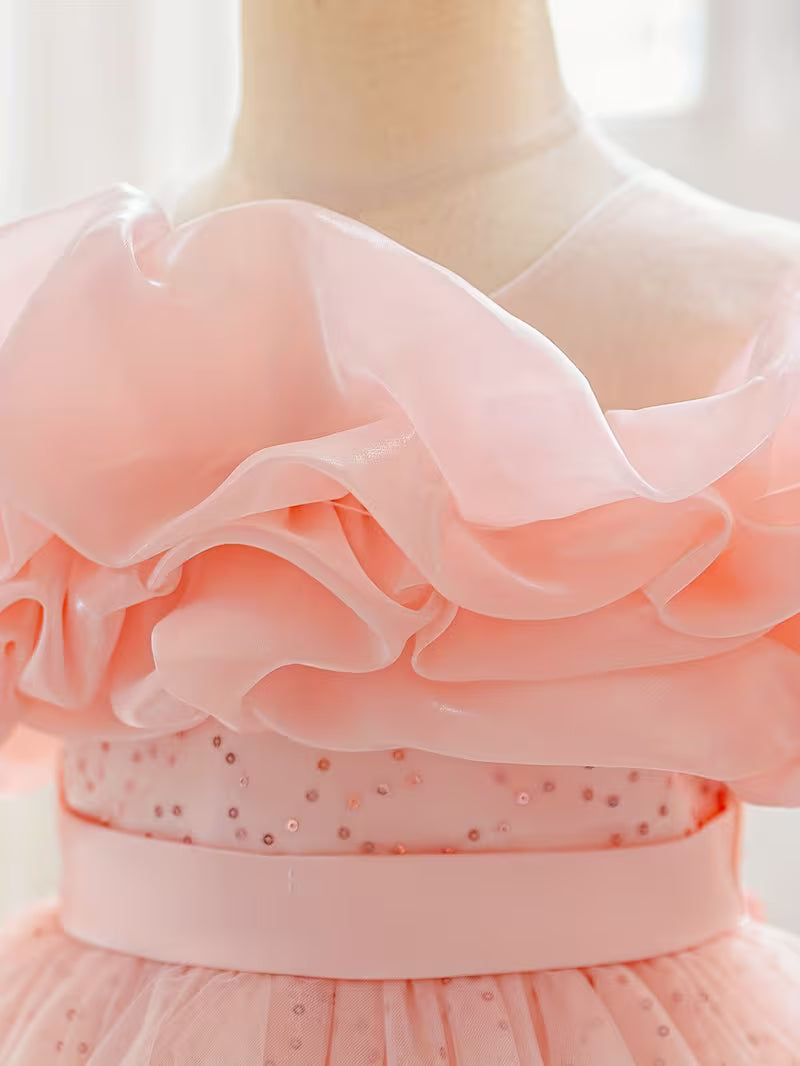 Robe princesse en tulle rose avec corsage à volants  | Princessdz