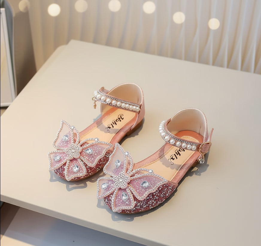 Chaussures de Princesse Rose Pailleté avec Papillon et Perles|  Princess Dz