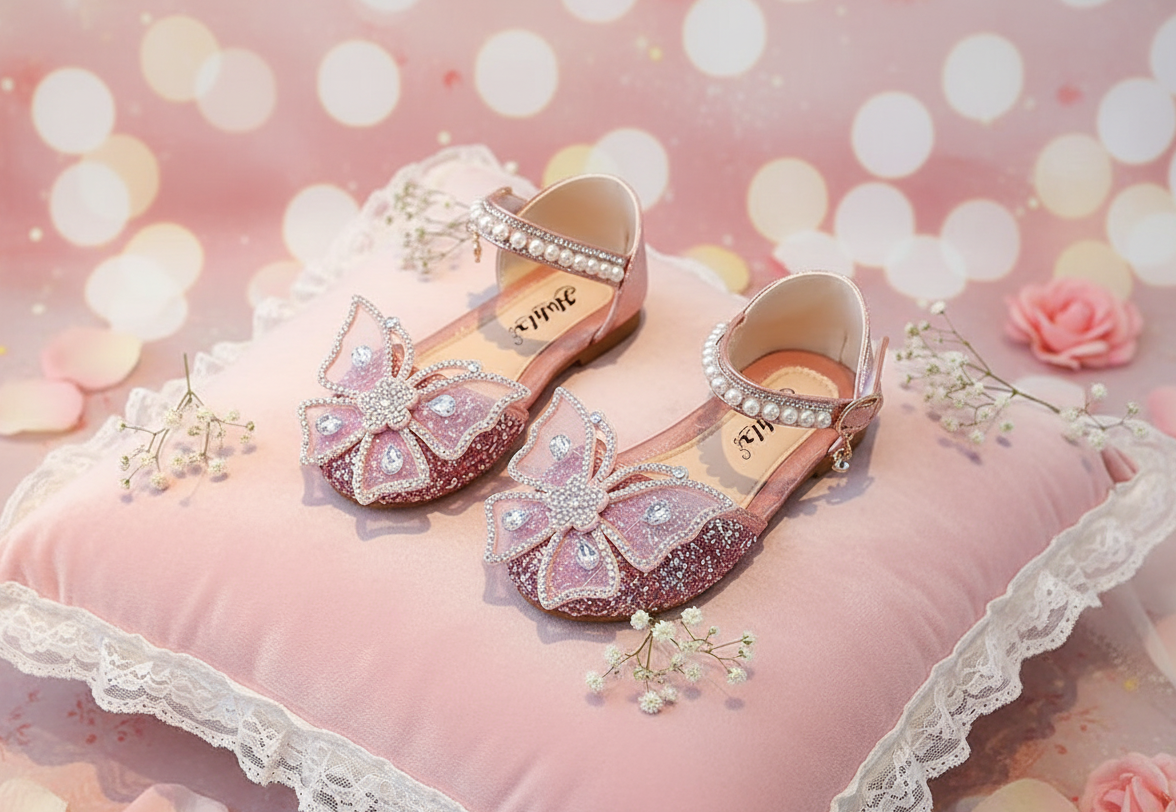 Chaussures de Princesse Rose Pailleté avec Papillon et Perles|  Princess Dz