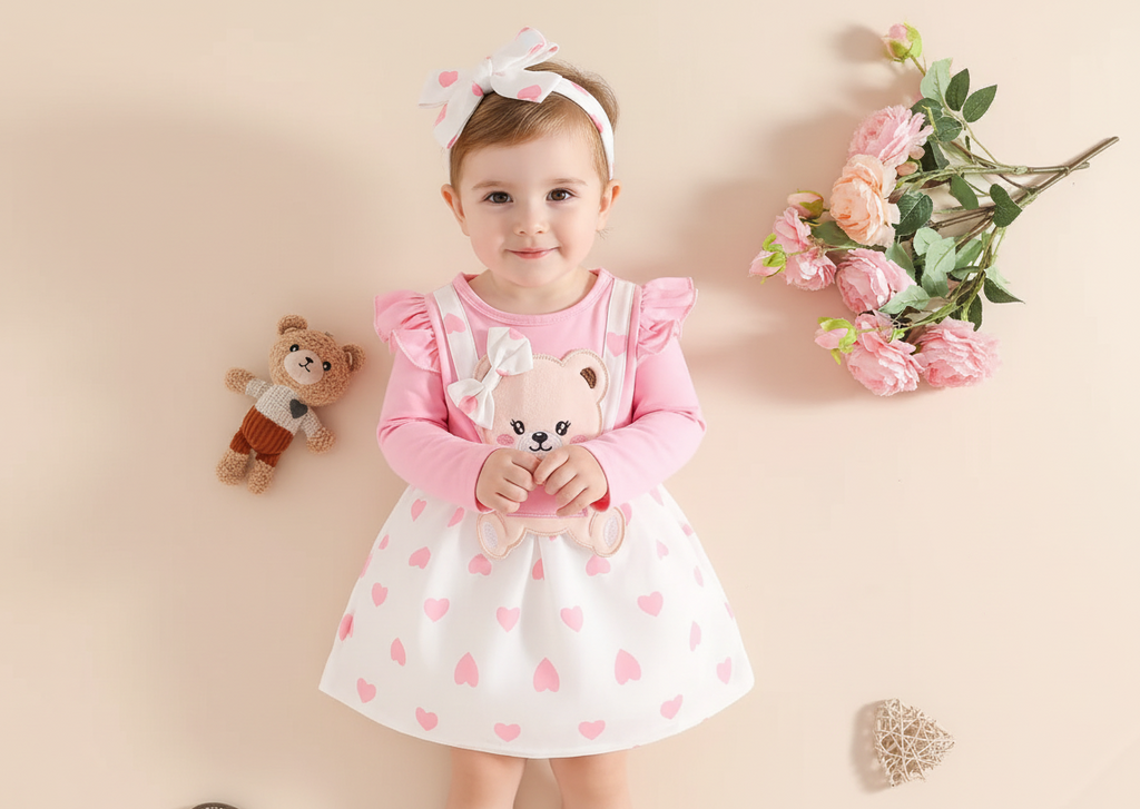 Robe à manches longues avec broderie ours (2-3ans)| Princess Dz