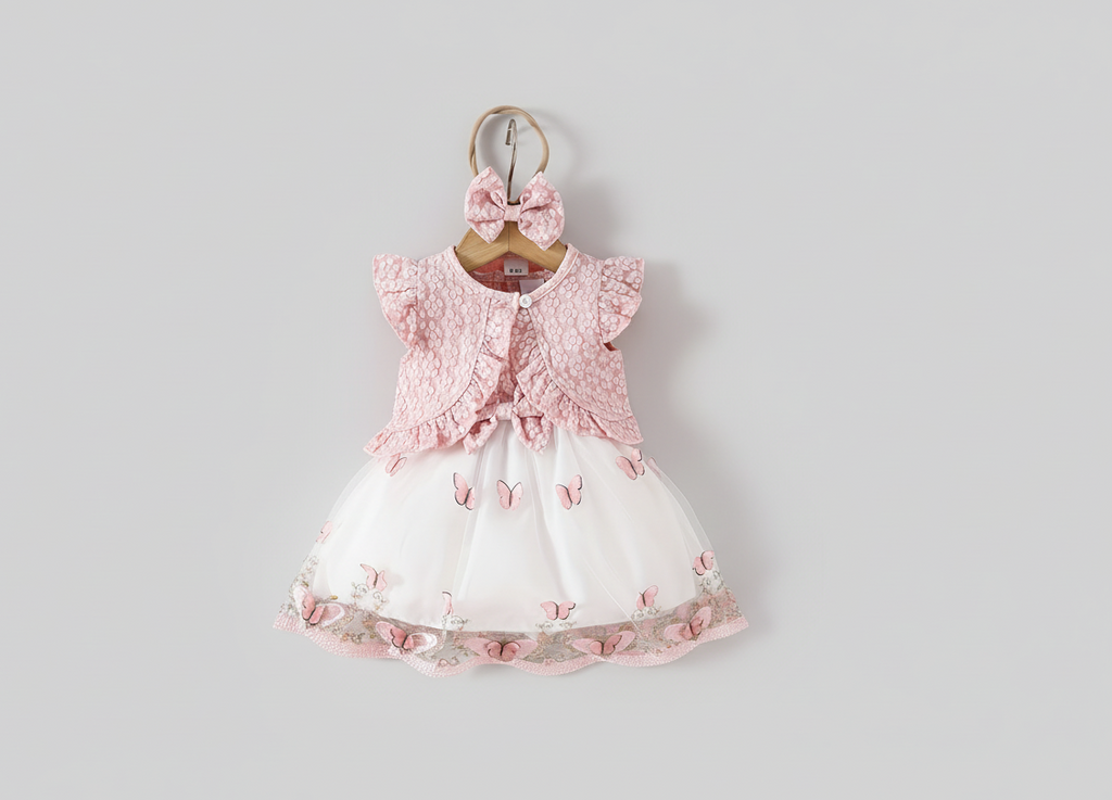 Robe Princesse "Papillons Enchantés" – Ensemble 3 Pièces (Rose & Blanc)| Princess dz