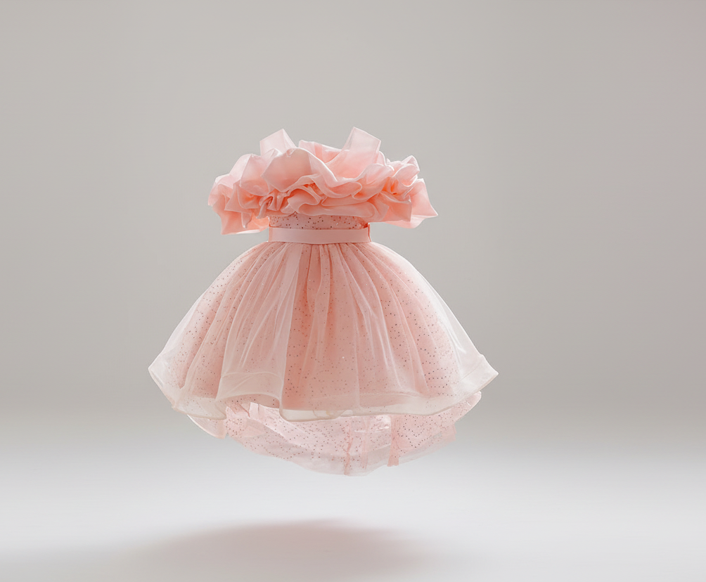 Robe princesse en tulle rose avec corsage à volants  | Princessdz