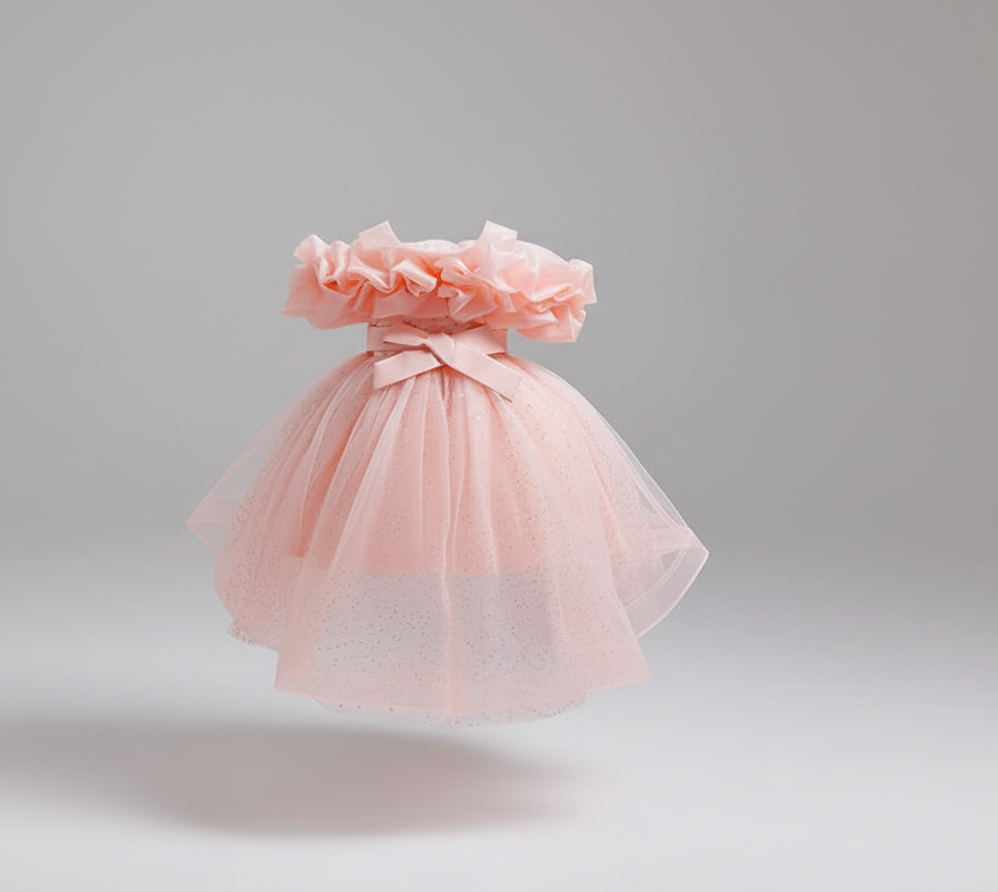 Robe princesse en tulle rose avec corsage à volants  | Princessdz
