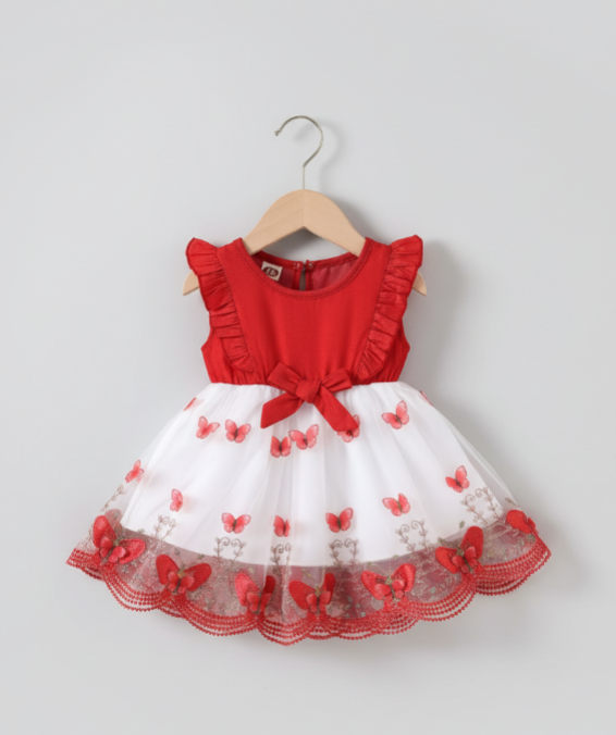 Robe "Papillons de Printemps" Rouge et Blanc  | Princess DZ